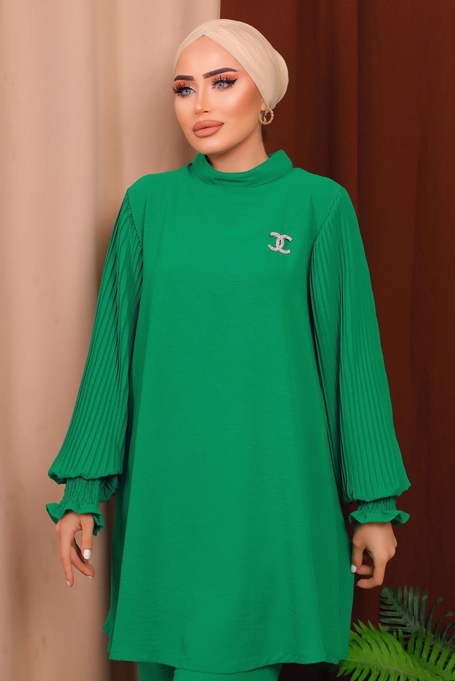 Tesettür giyim YEŞİL BROŞ DETAYLI KOLU PİLİSELİ PANTOLONLU TAKIM T 6213