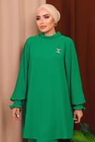 Tesettür giyim YEŞİL BROŞ DETAYLI KOLU PİLİSELİ PANTOLONLU TAKIM T 6213