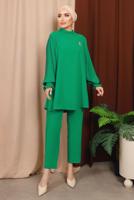 Tesettür giyim YEŞİL BROŞ DETAYLI KOLU PİLİSELİ PANTOLONLU TAKIM T 6213