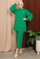 Tesettür giyim YEŞİL BROŞ DETAYLI KOLU PİLİSELİ PANTOLONLU TAKIM T 6213