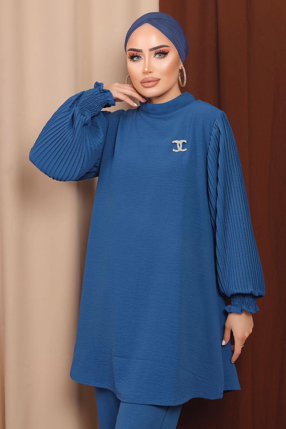 Tesettür giyim LACİVERT BROŞ DETAYLI KOLU PİLİSELİ PANTOLONLU TAKIM T 6213