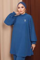 Tesettür giyim LACİVERT BROŞ DETAYLI KOLU PİLİSELİ PANTOLONLU TAKIM T 6213