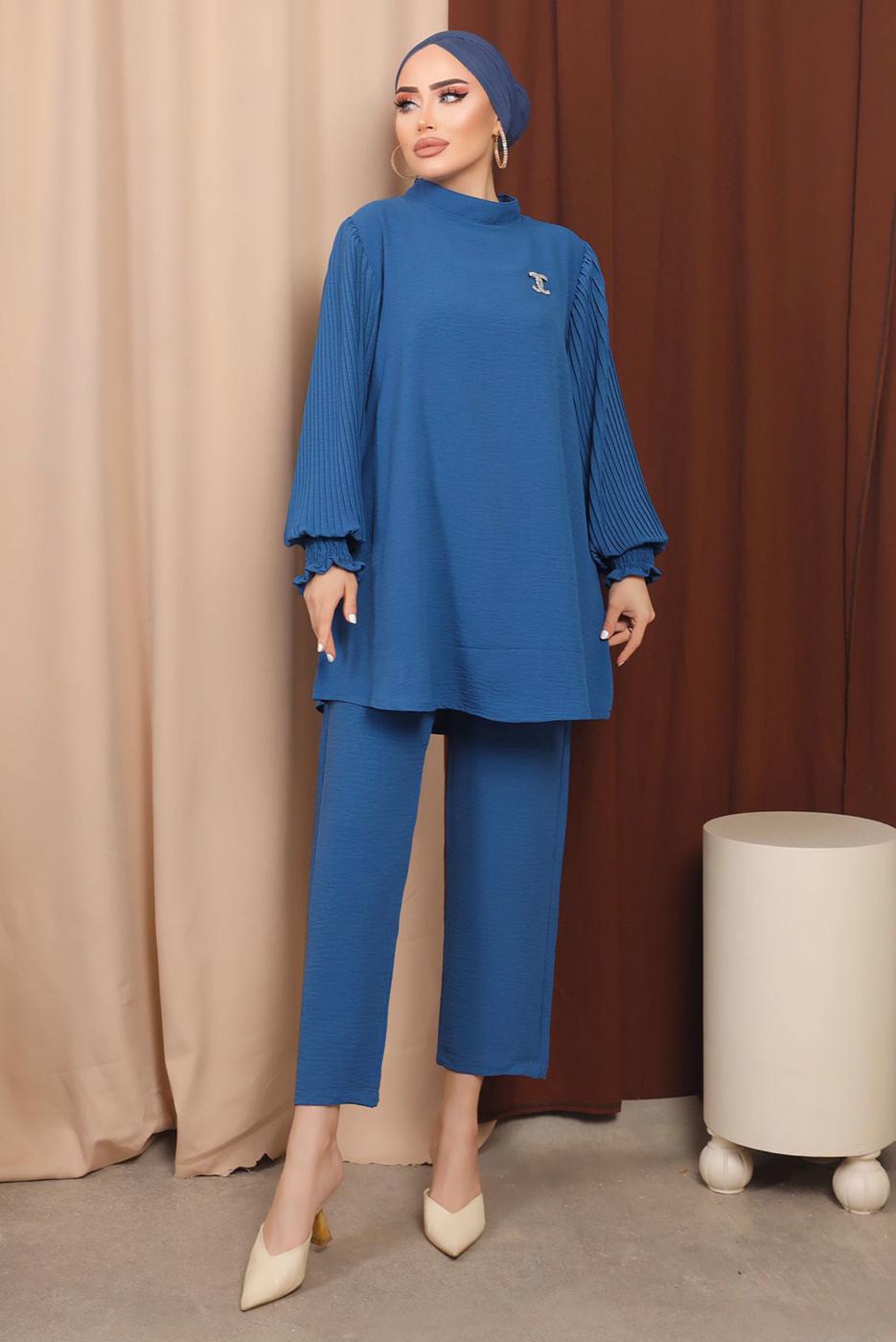 Tesettür giyim LACİVERT BROŞ DETAYLI KOLU PİLİSELİ PANTOLONLU TAKIM T 6213