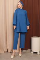 Tesettür giyim LACİVERT BROŞ DETAYLI KOLU PİLİSELİ PANTOLONLU TAKIM T 6213
