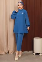 Tesettür giyim LACİVERT BROŞ DETAYLI KOLU PİLİSELİ PANTOLONLU TAKIM T 6213