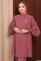 Hijab clothing PINK BROOCH DETAIL PANTS SUIT WITH PLEATED SLEEVES T 6213