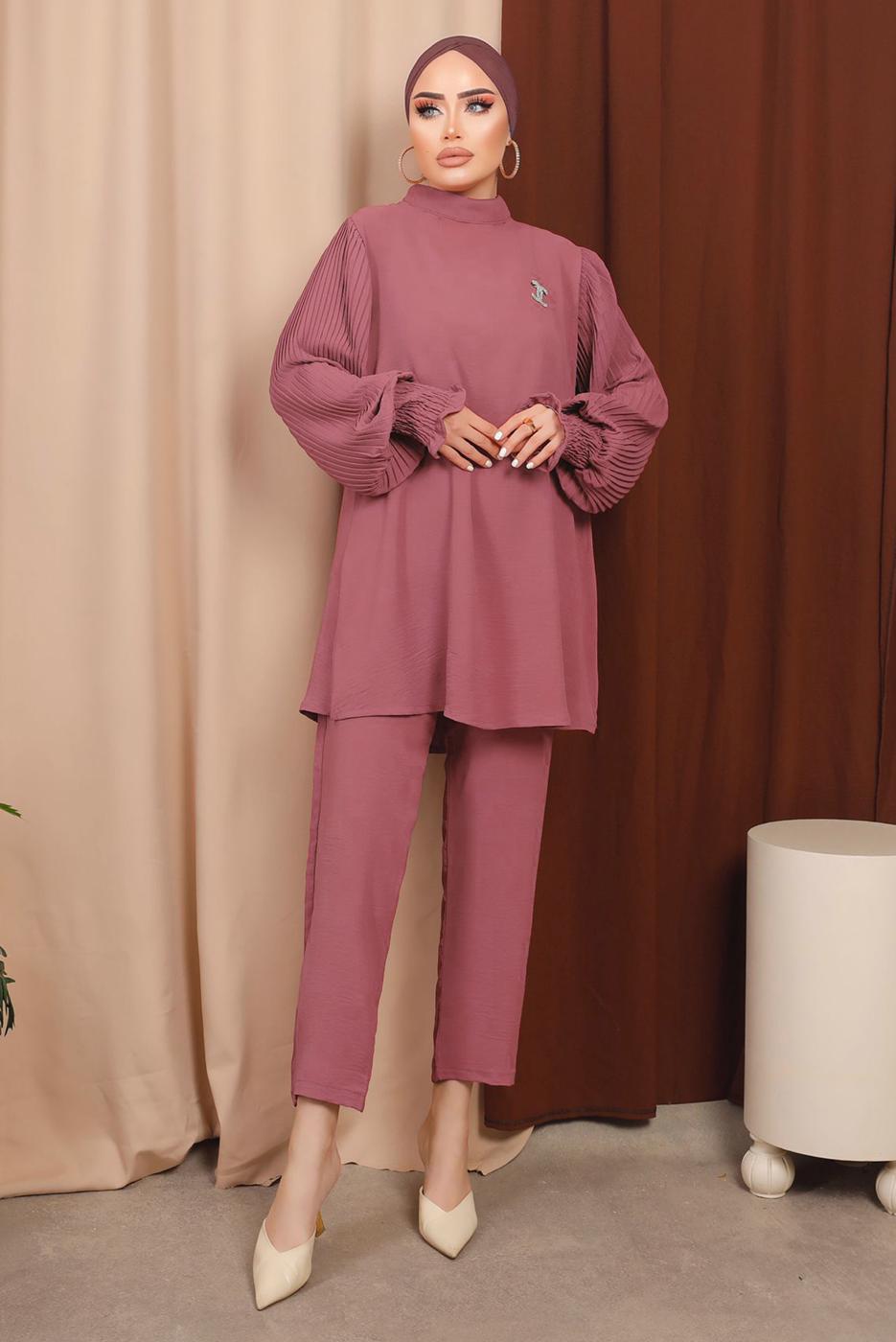 Hijab clothing PINK BROOCH DETAIL PANTS SUIT WITH PLEATED SLEEVES T 6213