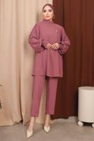 Hijab clothing PINK BROOCH DETAIL PANTS SUIT WITH PLEATED SLEEVES T 6213