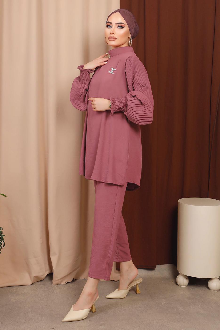Hijab clothing PINK BROOCH DETAIL PANTS SUIT WITH PLEATED SLEEVES T 6213
