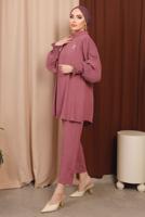 Hijab clothing PINK BROOCH DETAIL PANTS SUIT WITH PLEATED SLEEVES T 6213