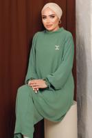 Tesettür giyim YEŞİL BROŞ DETAYLI KOLU PİLİSELİ PANTOLONLU TAKIM T 6213