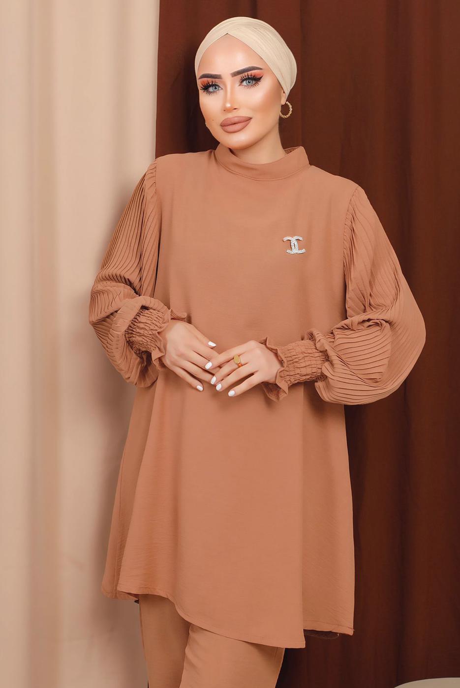 Tesettür giyim TURUNCU BROŞ DETAYLI KOLU PİLİSELİ PANTOLONLU TAKIM T 6213