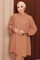 Tesettür giyim TURUNCU BROŞ DETAYLI KOLU PİLİSELİ PANTOLONLU TAKIM T 6213