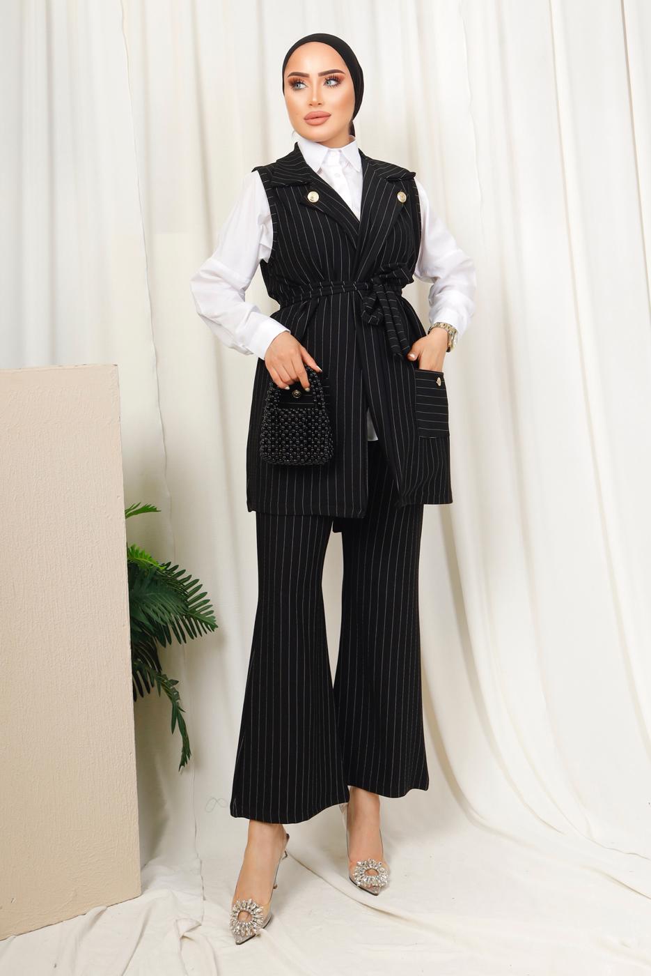 Tesettür giyim SİYAH ÇİZGİLİ YELEKLİ PANTOLONLU TAKIM T 6333