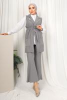 Tesettür giyim GRİ ÇİZGİLİ YELEKLİ PANTOLONLU TAKIM T 6333