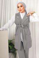 Tesettür giyim GRİ ÇİZGİLİ YELEKLİ PANTOLONLU TAKIM T 6333