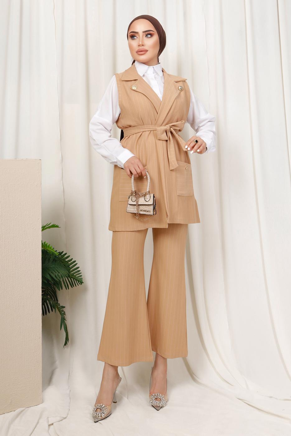 Tesettür giyim KAHVE ÇİZGİLİ YELEKLİ PANTOLONLU TAKIM T 6333