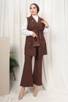 Tesettür giyim KAHVE ÇİZGİLİ YELEKLİ PANTOLONLU TAKIM T 6333
