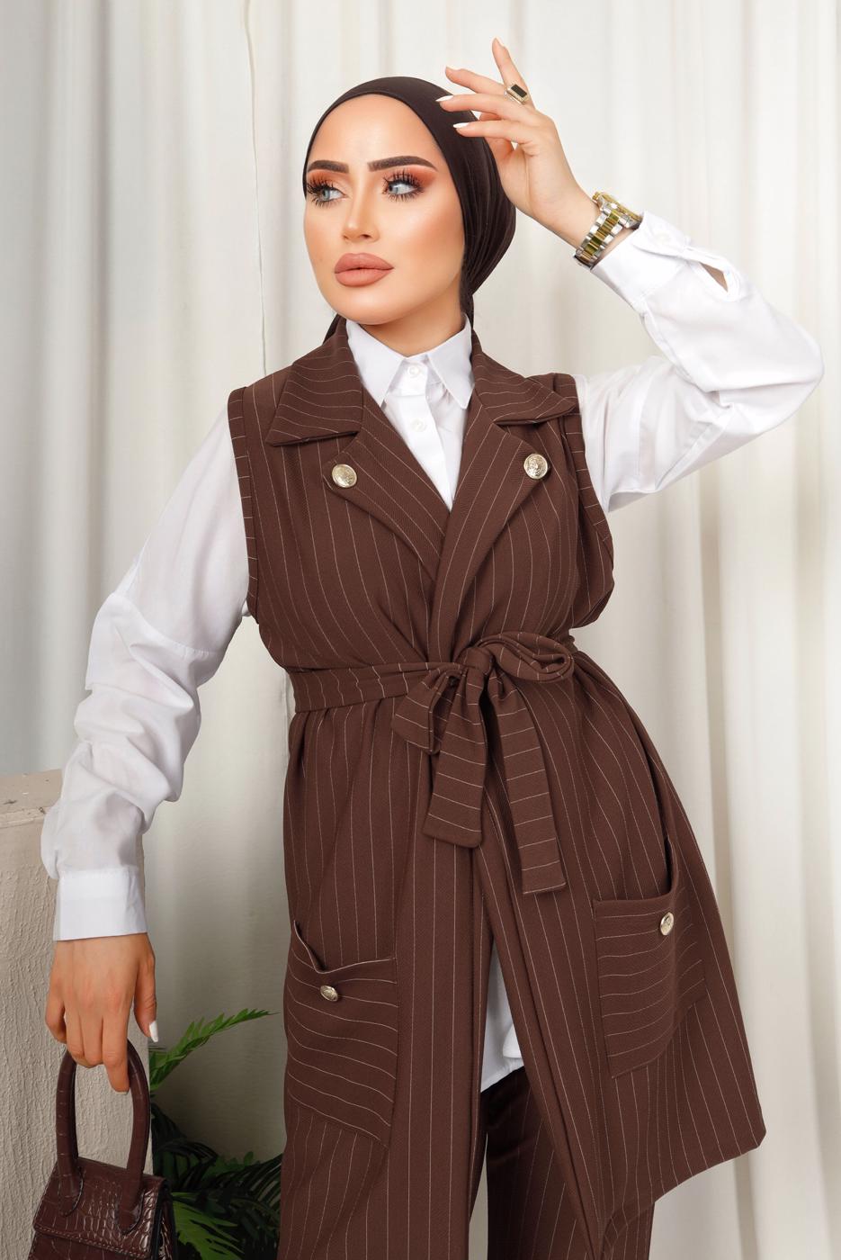 Tesettür giyim KAHVE ÇİZGİLİ YELEKLİ PANTOLONLU TAKIM T 6333