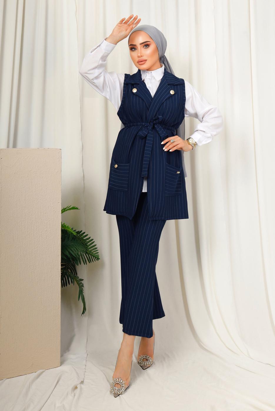 Tesettür giyim LACİVERT ÇİZGİLİ YELEKLİ PANTOLONLU TAKIM T 6333