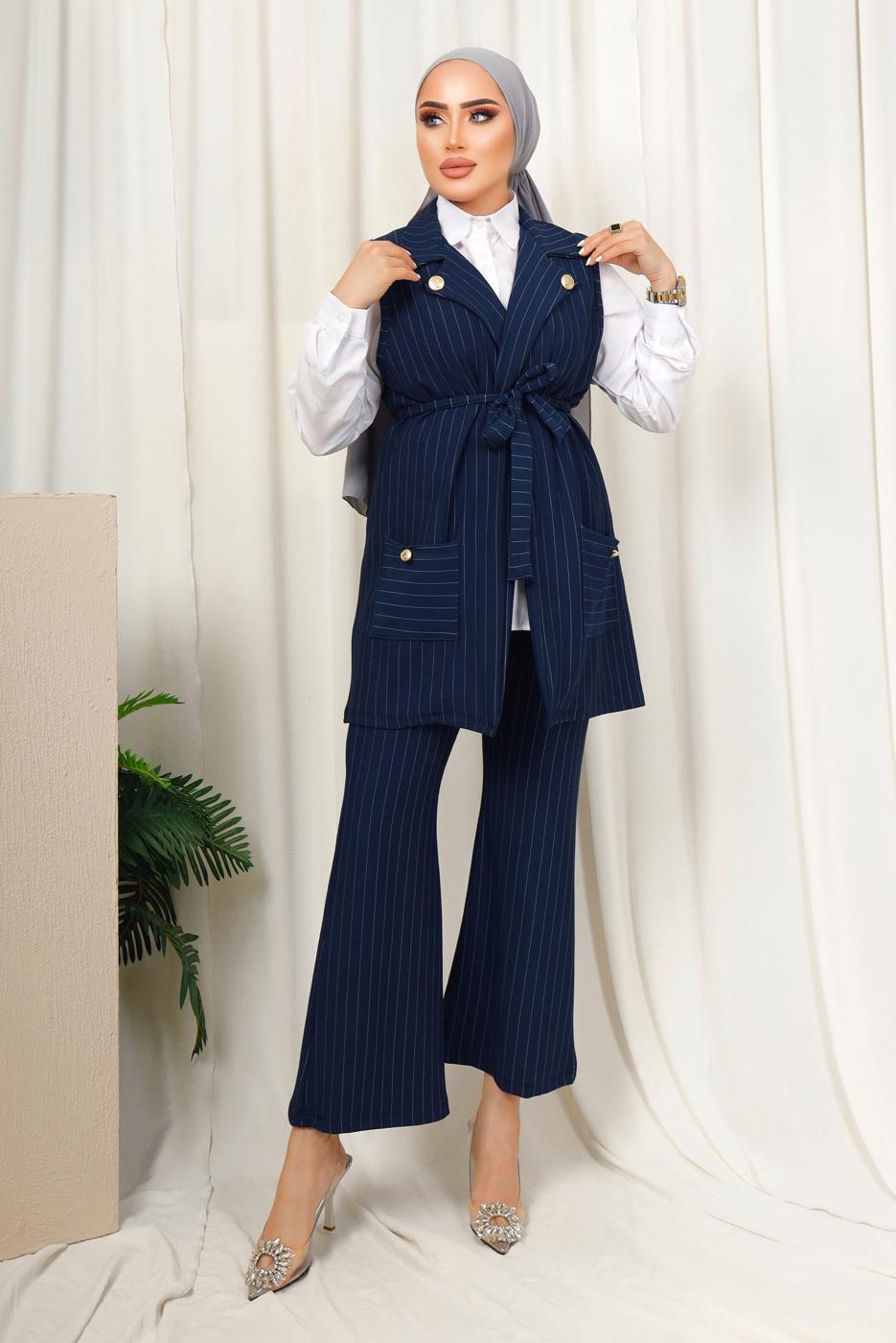 Tesettür giyim LACİVERT ÇİZGİLİ YELEKLİ PANTOLONLU TAKIM T 6333