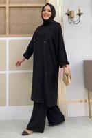 Tesettür giyim SİYAH KAPÜŞONLU BAĞCIK DETAYLI AEROBİN TAKIM T 6348