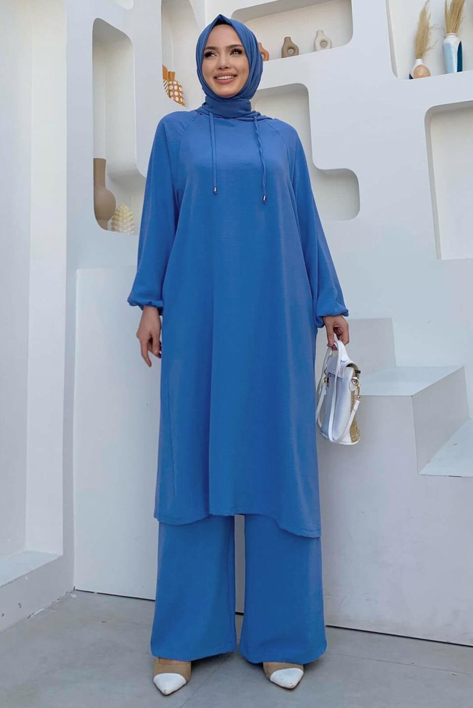 Tesettür giyim MAVİ KAPÜŞONLU BAĞCIK DETAYLI AEROBİN TAKIM T 6348