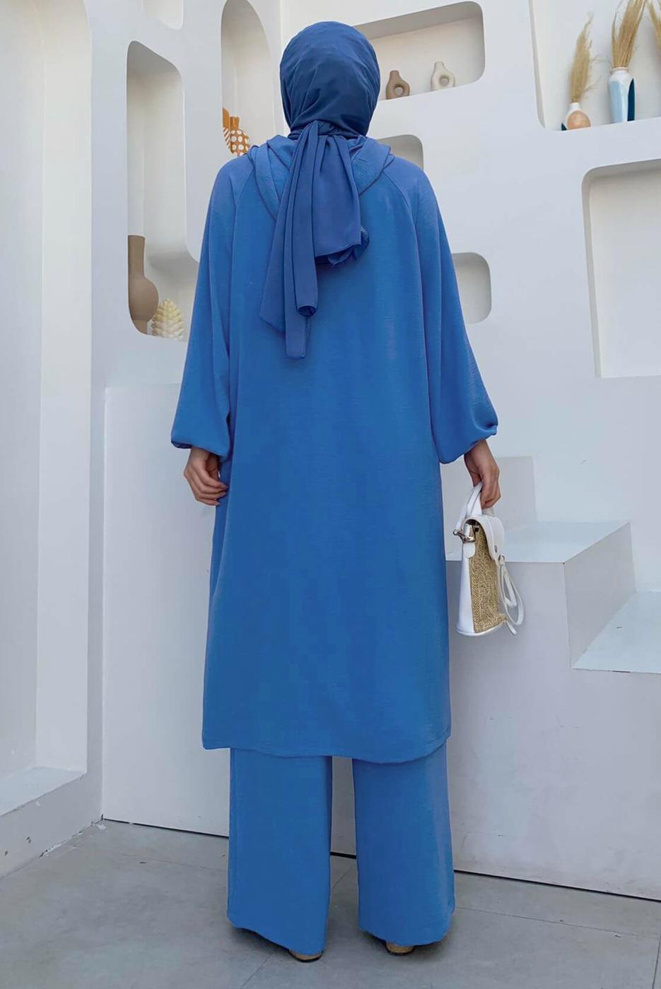 Tesettür giyim MAVİ KAPÜŞONLU BAĞCIK DETAYLI AEROBİN TAKIM T 6348