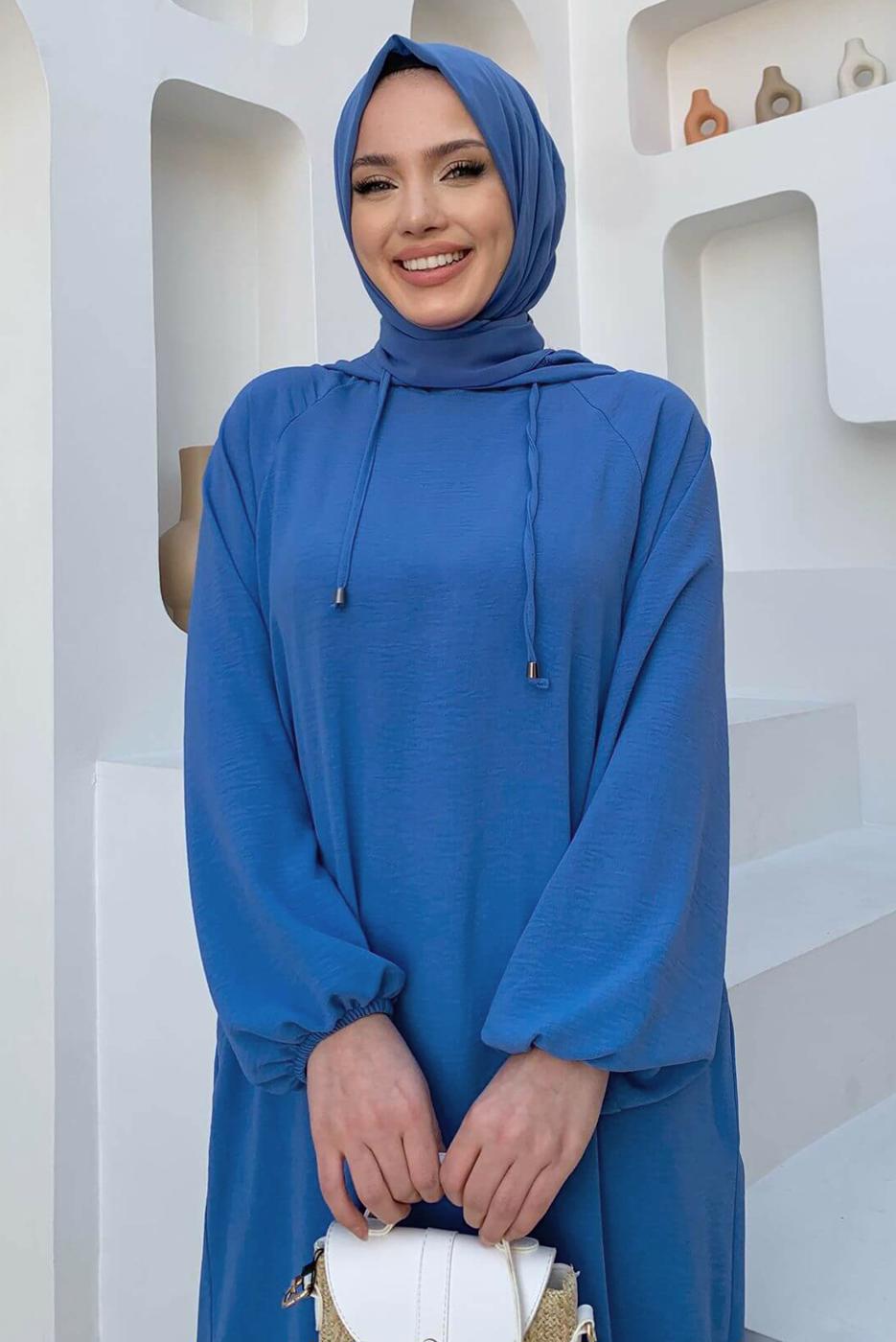 Tesettür giyim MAVİ KAPÜŞONLU BAĞCIK DETAYLI AEROBİN TAKIM T 6348