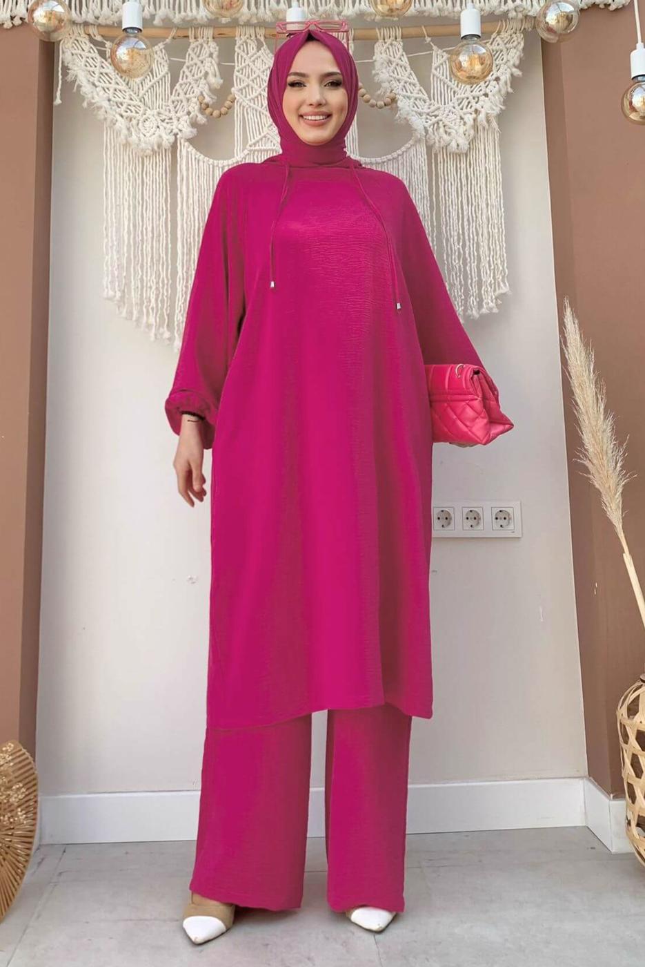 Tesettür giyim FUŞYA KAPÜŞONLU BAĞCIK DETAYLI AEROBİN TAKIM T 6348