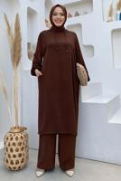 Tesettür giyim KAHVE KAPÜŞONLU BAĞCIK DETAYLI AEROBİN TAKIM T 6348