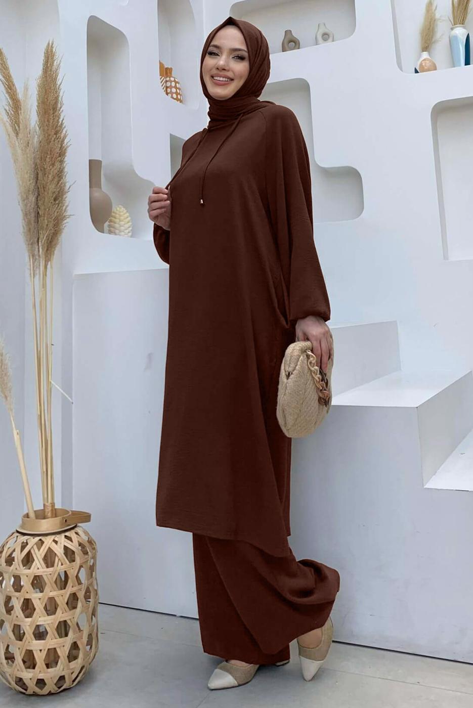 Tesettür giyim KAHVE KAPÜŞONLU BAĞCIK DETAYLI AEROBİN TAKIM T 6348