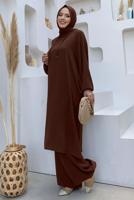 Tesettür giyim KAHVE KAPÜŞONLU BAĞCIK DETAYLI AEROBİN TAKIM T 6348