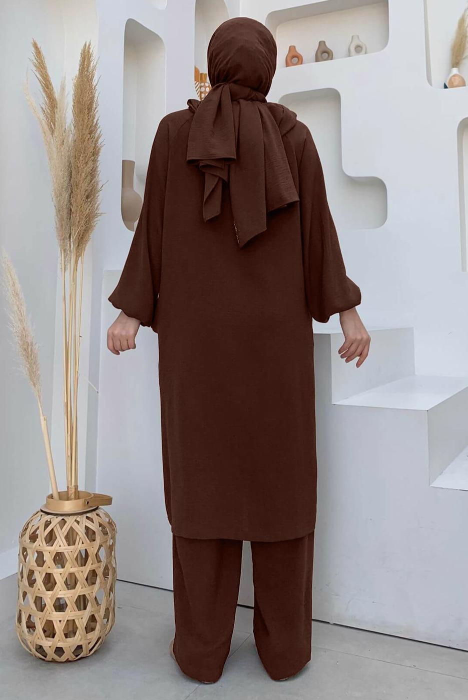 Tesettür giyim KAHVE KAPÜŞONLU BAĞCIK DETAYLI AEROBİN TAKIM T 6348