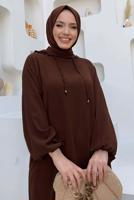 Tesettür giyim KAHVE KAPÜŞONLU BAĞCIK DETAYLI AEROBİN TAKIM T 6348