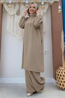 Tesettür giyim VİZON KAPÜŞONLU BAĞCIK DETAYLI AEROBİN TAKIM T 6348