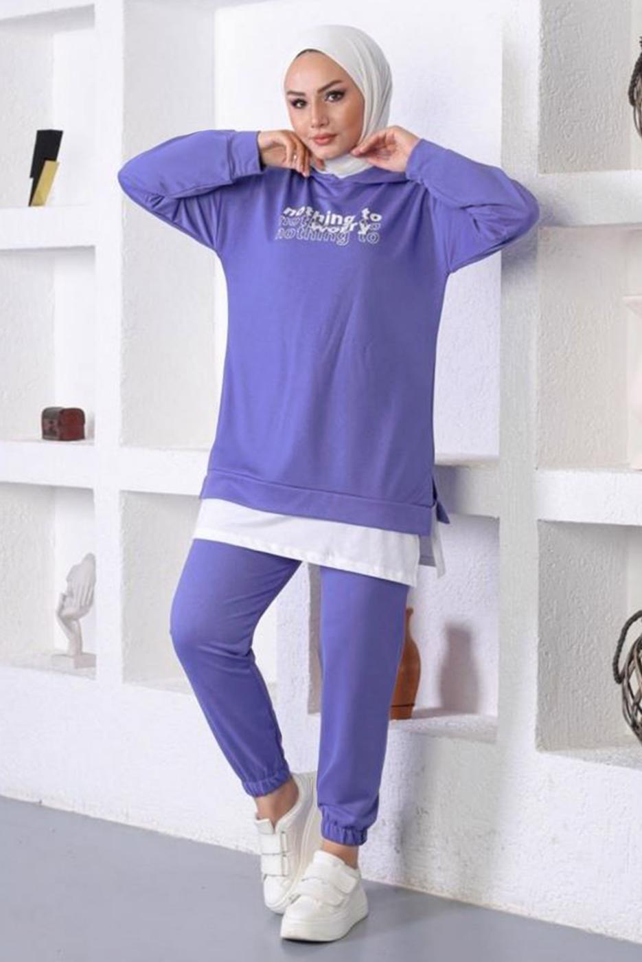 Vêtements hijab POURPRE ENSEMBLE DE SURVÊTEMENT IMPRIMÉ SLOGAN À CAPUCHE T 6372