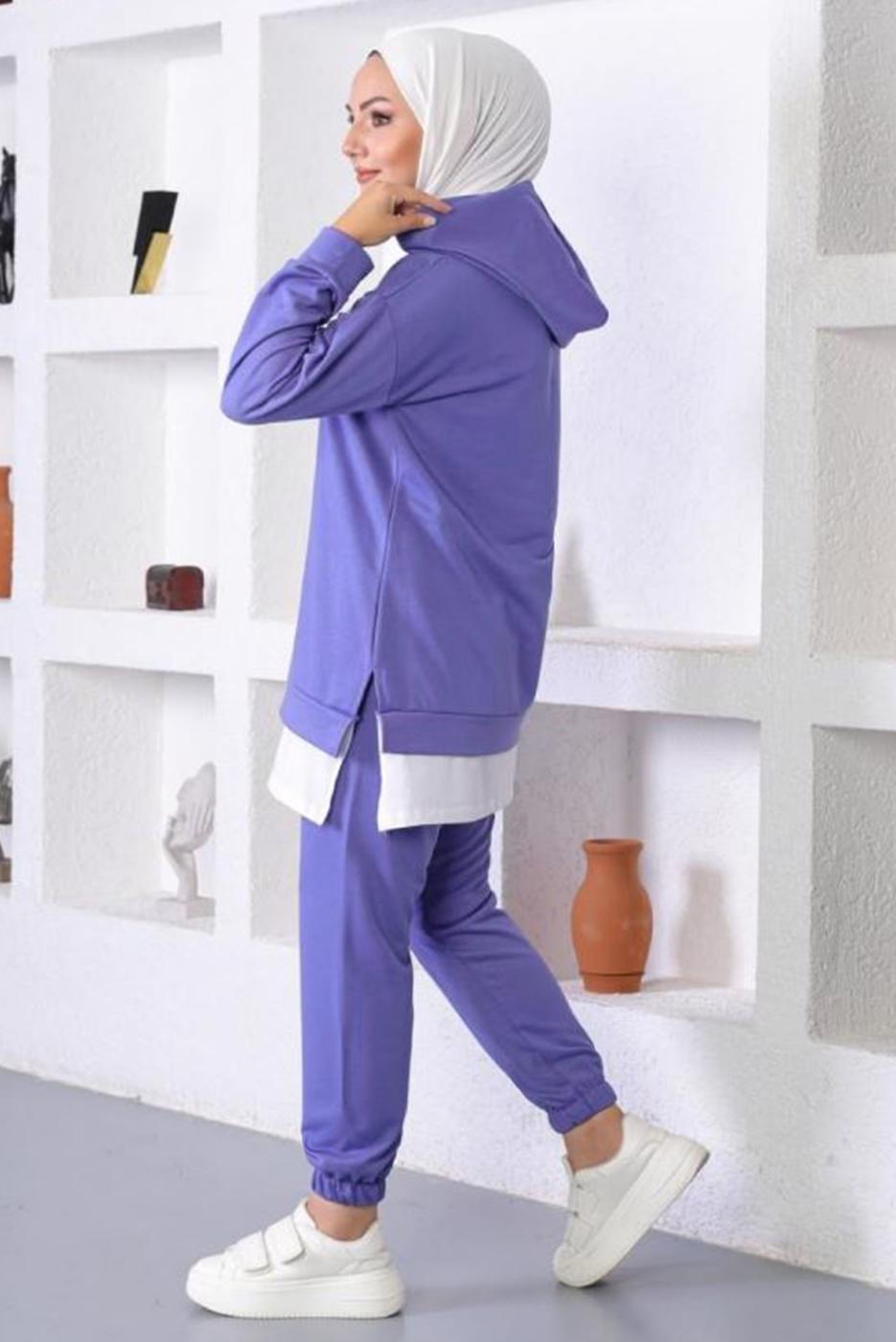 Vêtements hijab POURPRE ENSEMBLE DE SURVÊTEMENT IMPRIMÉ SLOGAN À CAPUCHE T 6372