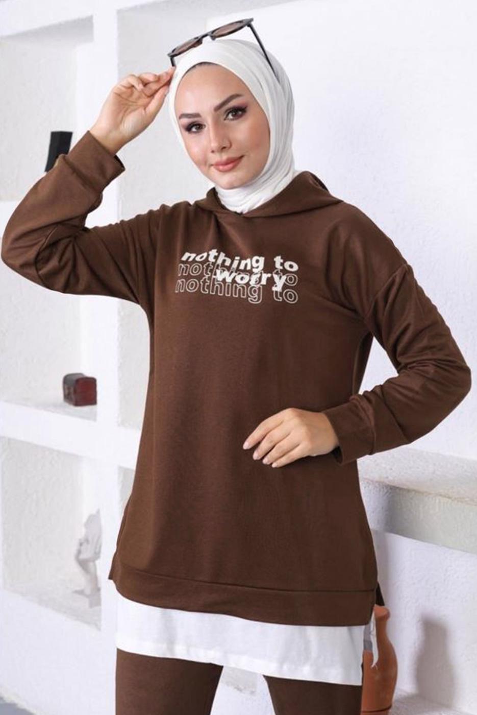 Vêtements hijab BRUN ENSEMBLE DE SURVÊTEMENT IMPRIMÉ SLOGAN À CAPUCHE T 6372