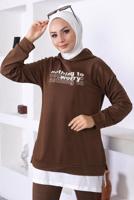 Vêtements hijab BRUN ENSEMBLE DE SURVÊTEMENT IMPRIMÉ SLOGAN À CAPUCHE T 6372
