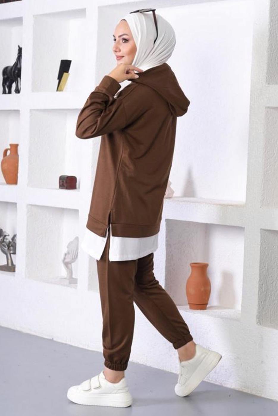 Vêtements hijab BRUN ENSEMBLE DE SURVÊTEMENT IMPRIMÉ SLOGAN À CAPUCHE T 6372