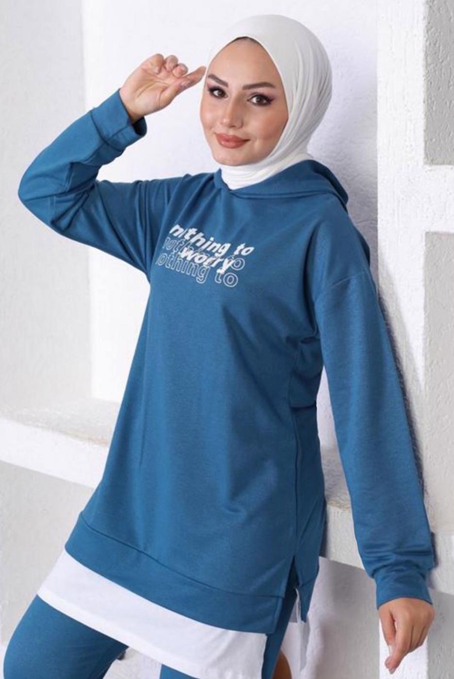 Vêtements hijab BLEU MARINE ENSEMBLE DE SURVÊTEMENT IMPRIMÉ SLOGAN À CAPUCHE T 6372
