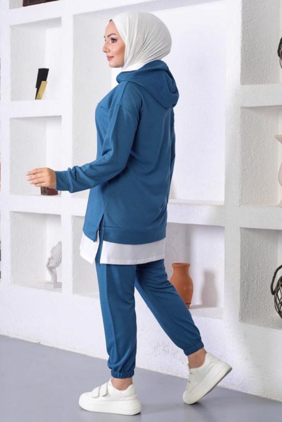 Vêtements hijab BLEU MARINE ENSEMBLE DE SURVÊTEMENT IMPRIMÉ SLOGAN À CAPUCHE T 6372