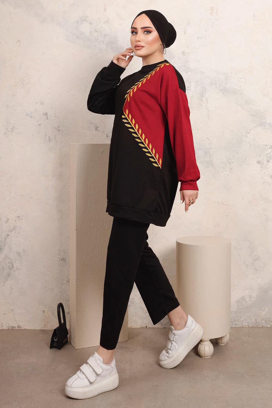 Tesettür giyim SİYAH YAPRAK DESENLİ RENK BLOKLU PANTOLONLU TAKIM T 6403