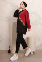 Tesettür giyim SİYAH YAPRAK DESENLİ RENK BLOKLU PANTOLONLU TAKIM T 6403