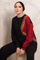 Tesettür giyim SİYAH YAPRAK DESENLİ RENK BLOKLU PANTOLONLU TAKIM T 6403