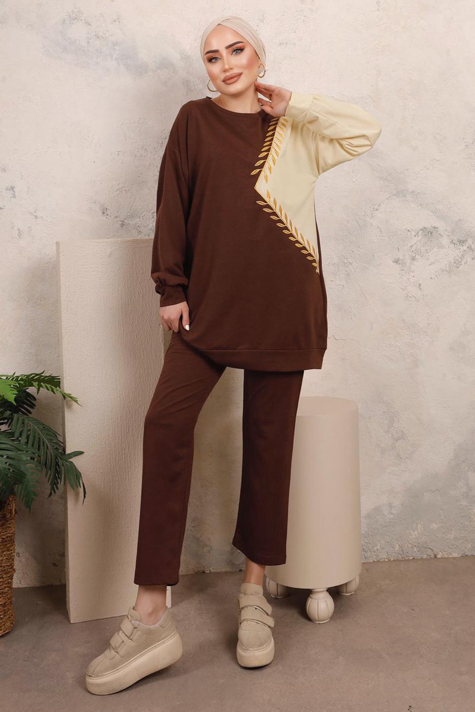 Tesettür giyim KAHVE YAPRAK DESENLİ RENK BLOKLU PANTOLONLU TAKIM T 6403