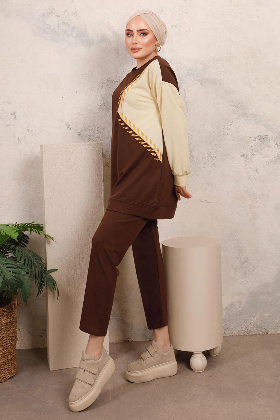 Tesettür giyim KAHVE YAPRAK DESENLİ RENK BLOKLU PANTOLONLU TAKIM T 6403