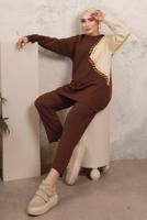 Tesettür giyim KAHVE YAPRAK DESENLİ RENK BLOKLU PANTOLONLU TAKIM T 6403