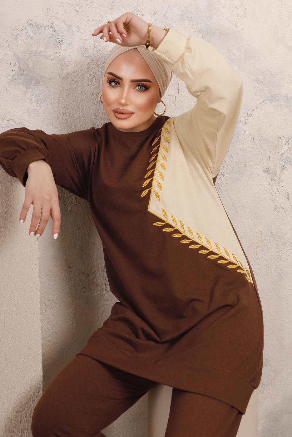 Tesettür giyim KAHVE YAPRAK DESENLİ RENK BLOKLU PANTOLONLU TAKIM T 6403